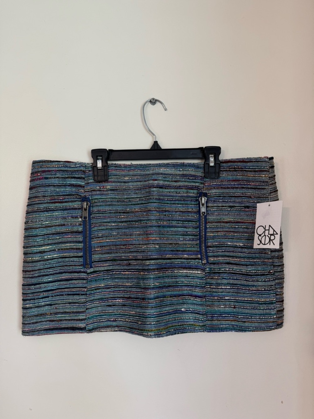 Chaser Silk Blue and Green Striped Mini Skirt